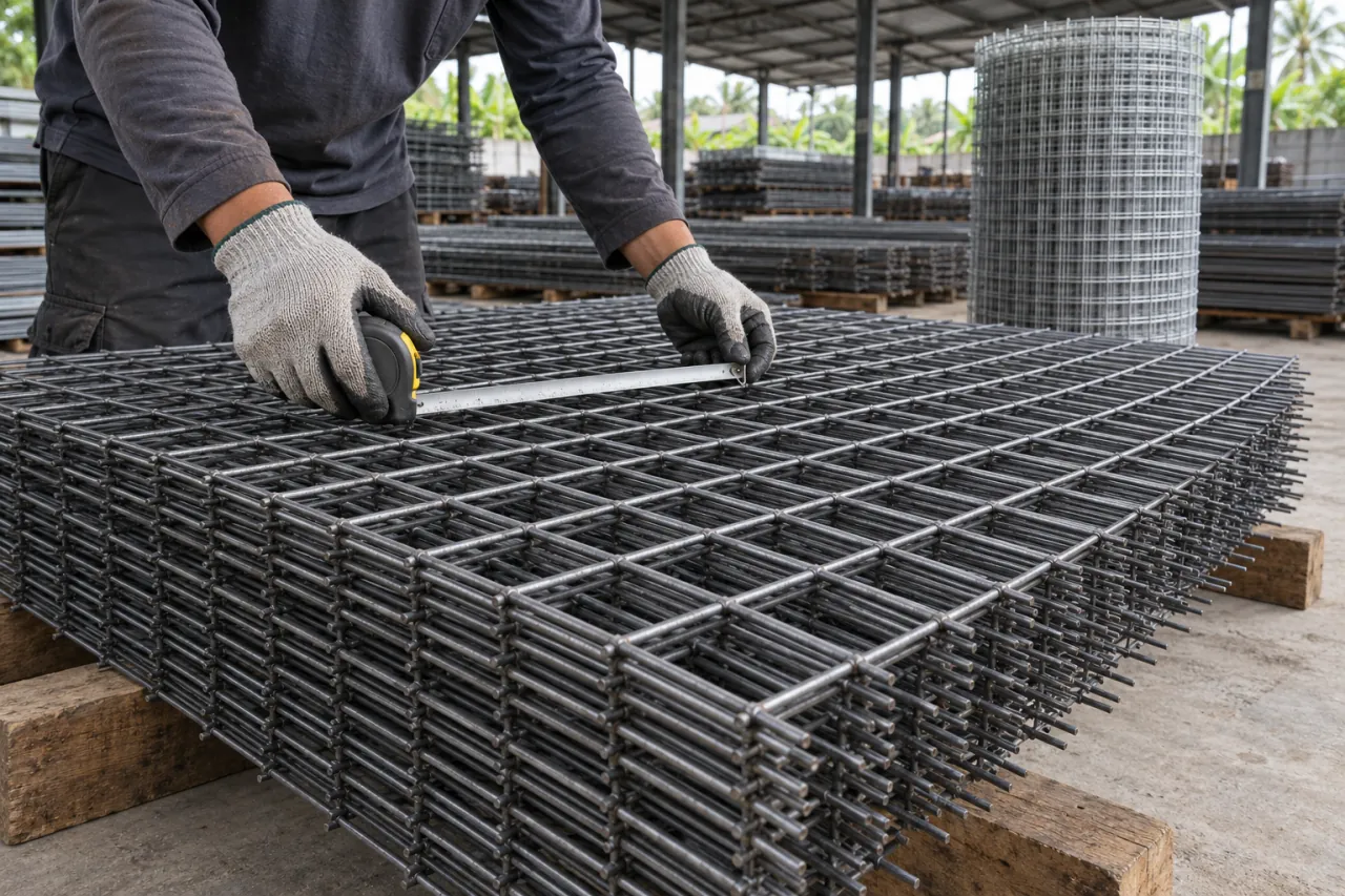 Tumpukan lembaran wiremesh kisi persegi di gudang, pekerja mengukur jarak kawat dengan meteran