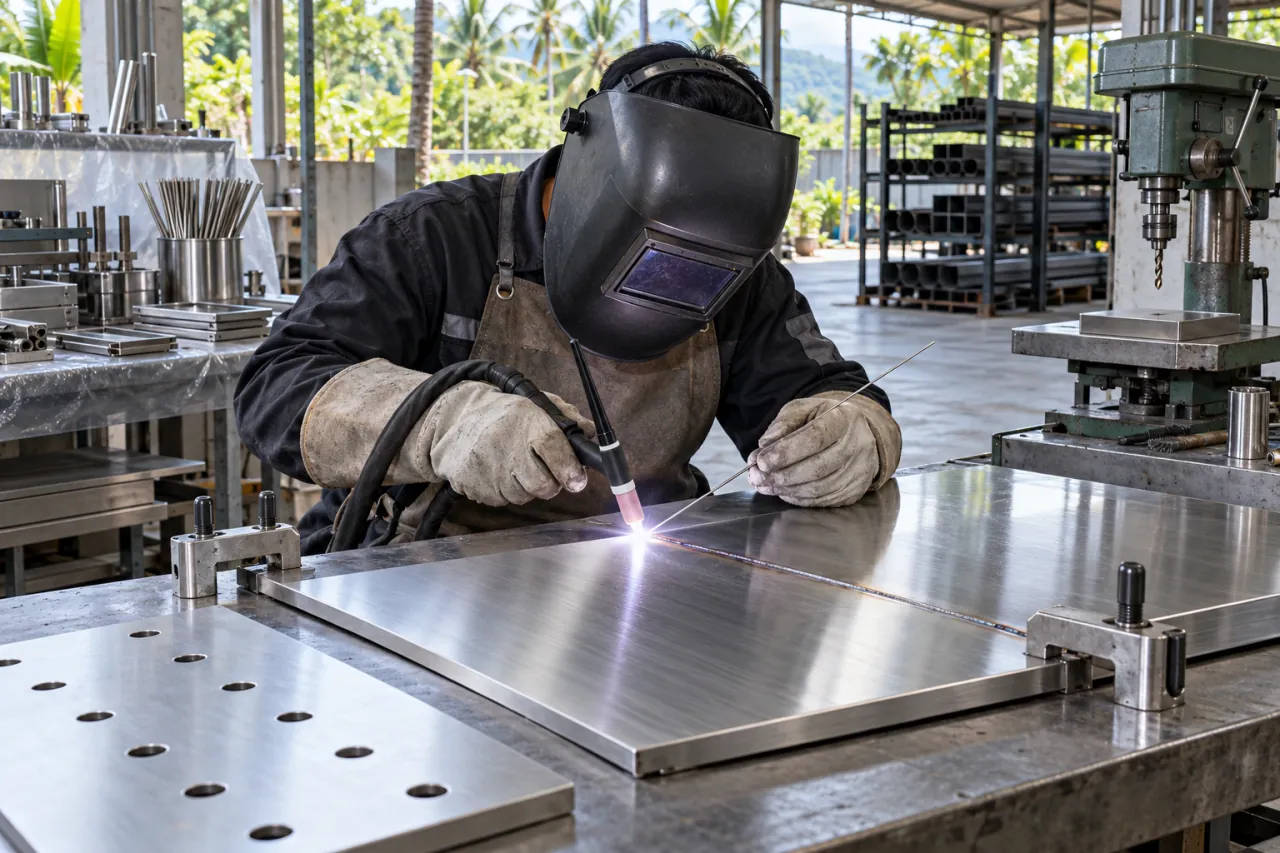 Juru las mengelas TIG plat stainless tipis di meja kerja bersih dengan plat berlubang bor di dekatnya