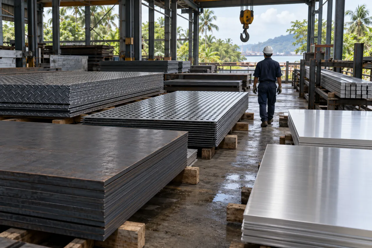 Tumpukan plat hitam, plat bordes, plat lubang, stainless, aluminium, dan plat strip di gudang baja