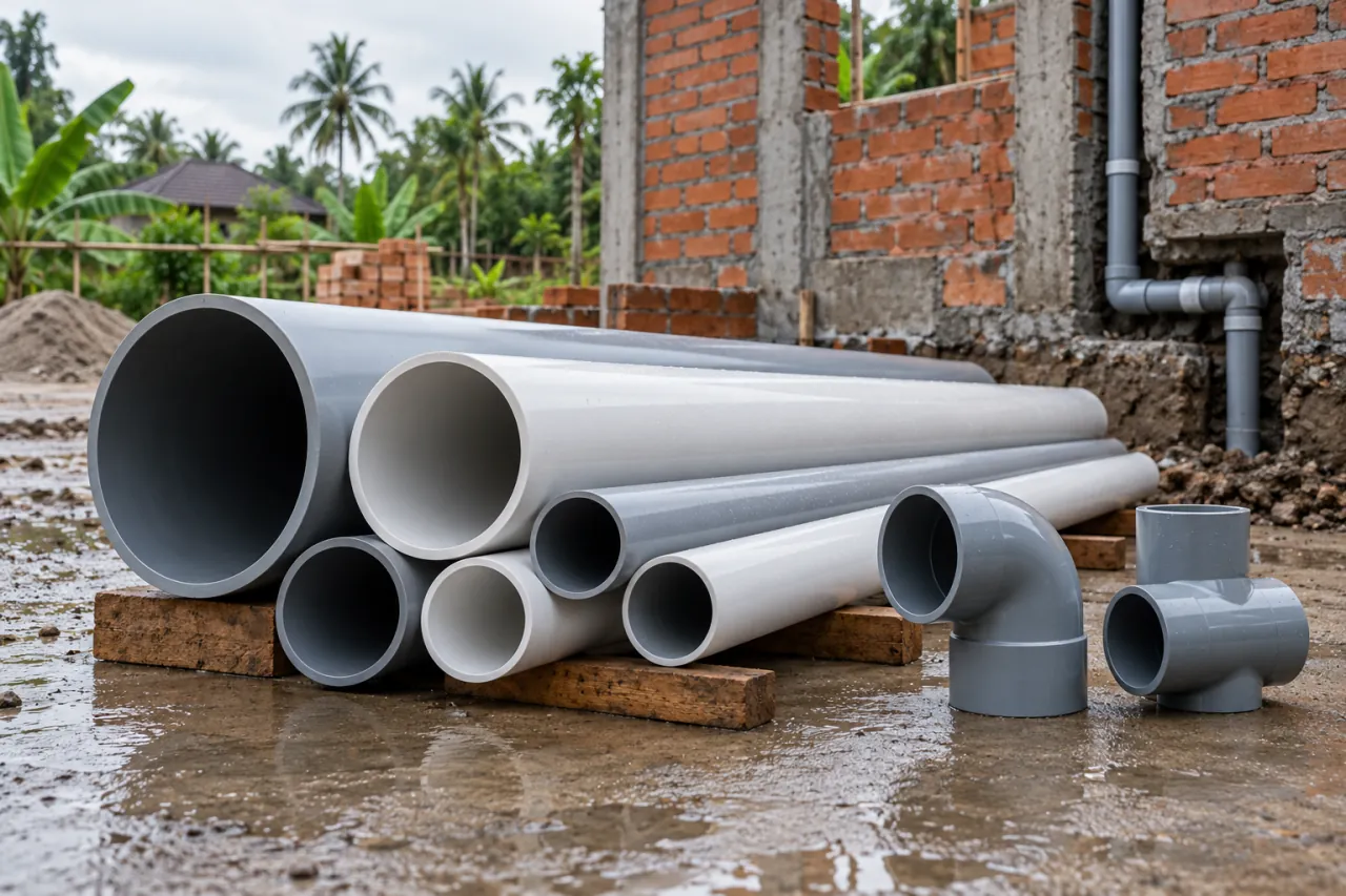 Pipa PVC berbagai diameter dan fitting elbow serta tee di lokasi pembangunan rumah