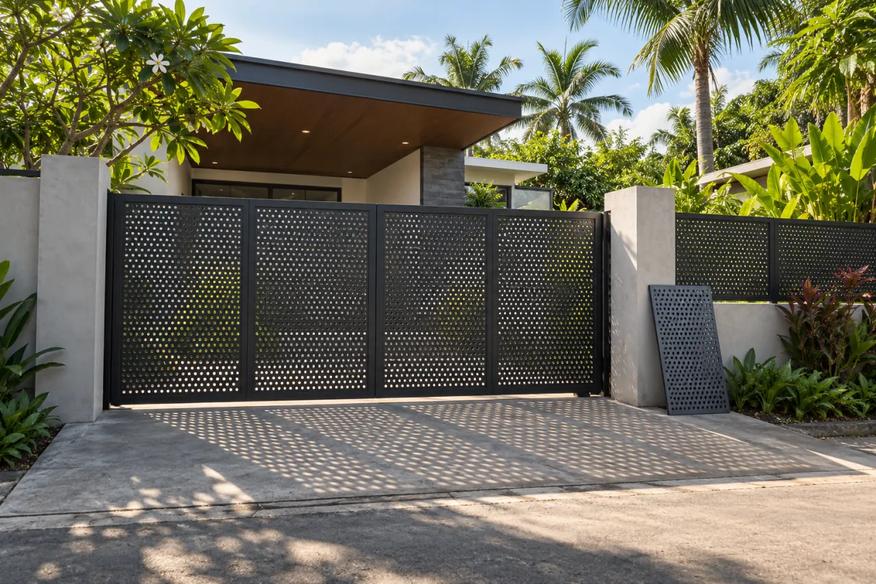 Pagar dan pintu rumah tropis dari panel plat perforated berlubang bulat dengan rangka besi hollow