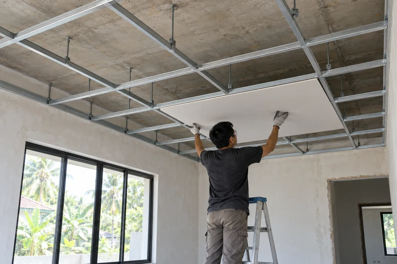 Rangka plafon hollow baja ringan berbentuk grid digantung di bawah pelat beton, pekerja memasang papan gypsum