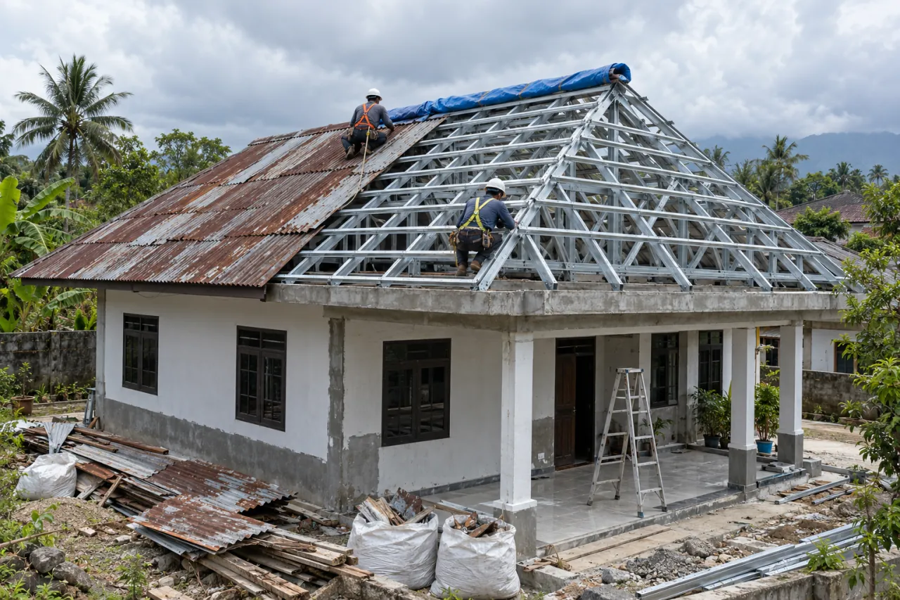 Atap rumah sedang direnovasi: separuh sudah rangka baja ringan baru, separuh masih seng lama, terpal siap di bubungan