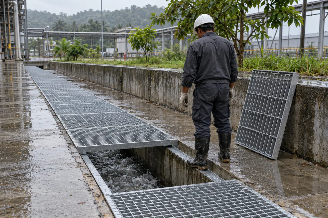 Panel steel grating galvanis menutup saluran beton, satu panel diangkat memperlihatkan bearing bar dan cross bar