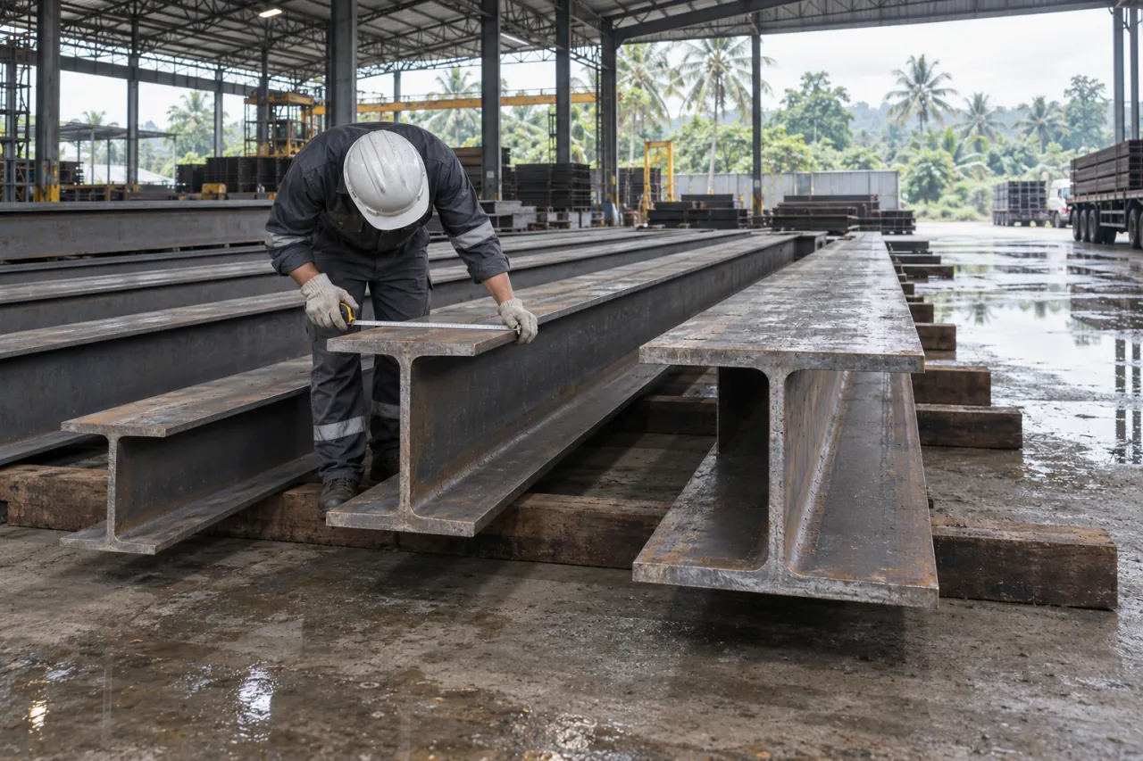 Deretan besi WF berbagai tinggi di gudang baja dengan penampang I terlihat, pekerja mengukur lebar sayap