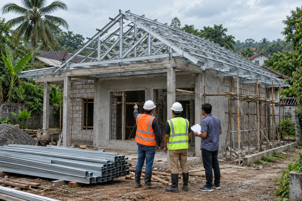 Pekerja dan pemilik rumah berdiskusi di depan rumah dengan rangka atap baja ringan yang setengah terpasang